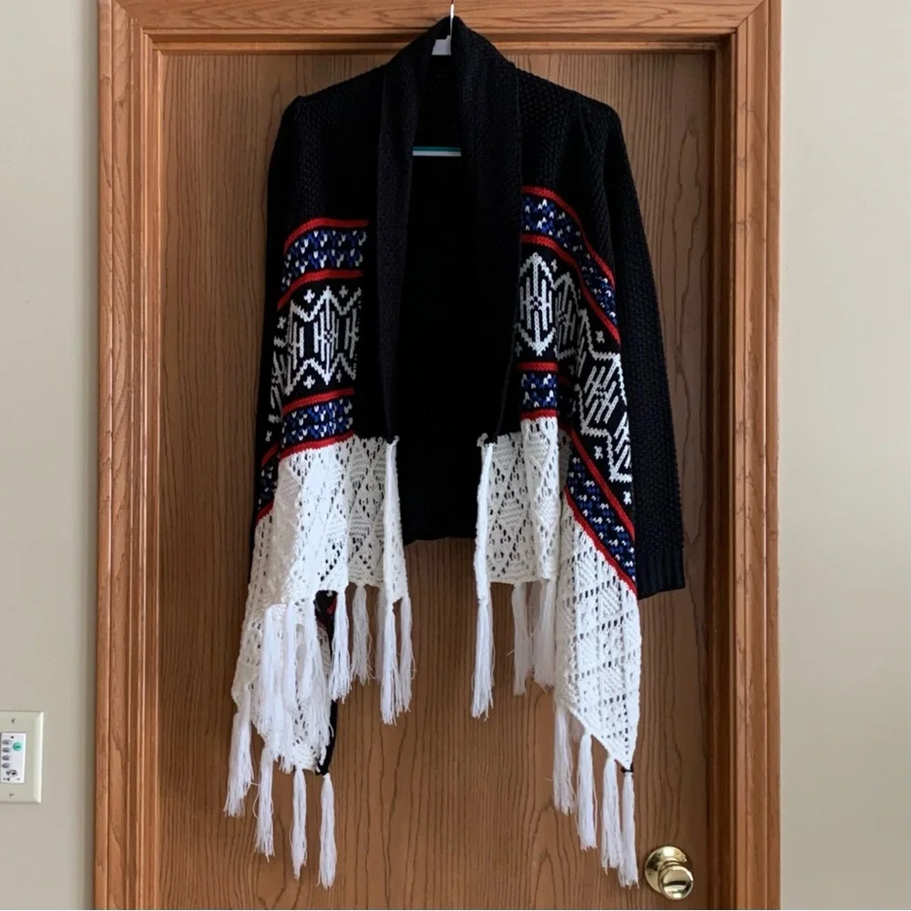 Fringe trim open draped sweater/cardigan - Picture 1 of 6